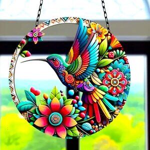 Suncatcher Hummingbird Flower Hanging Window Decor Folk Art Colorful In/Outdoor